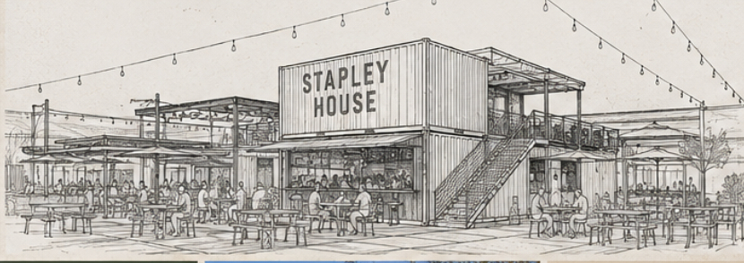 Architectural line sketch of the Stapley House container bar and patio