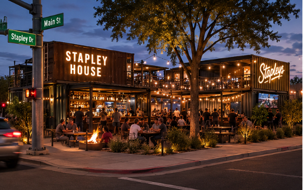 Rendering of stacked shipping containers forming an L-shaped bar with patio seating