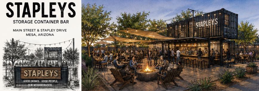 Stapleys signage concept alongside a rendering of the fire-pit patio at dusk