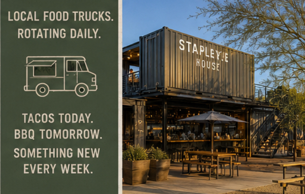 Guests lined up at a local food truck parked beside the container bar patio