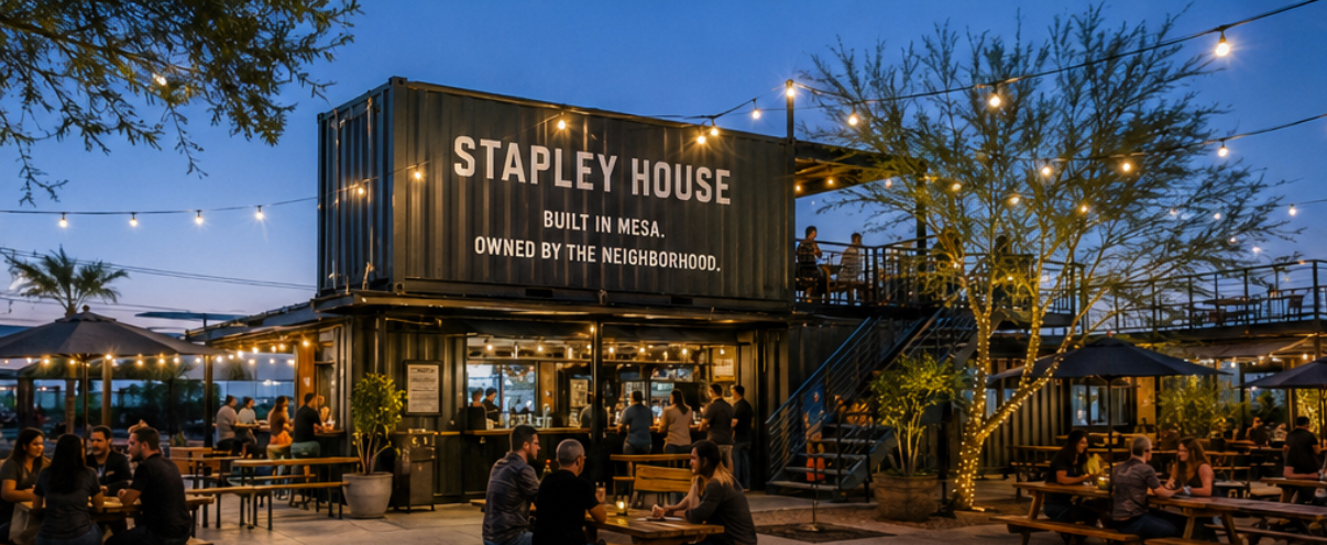 Rendering of the Stapley House container bar at dusk with string lights, fire pits and a food truck